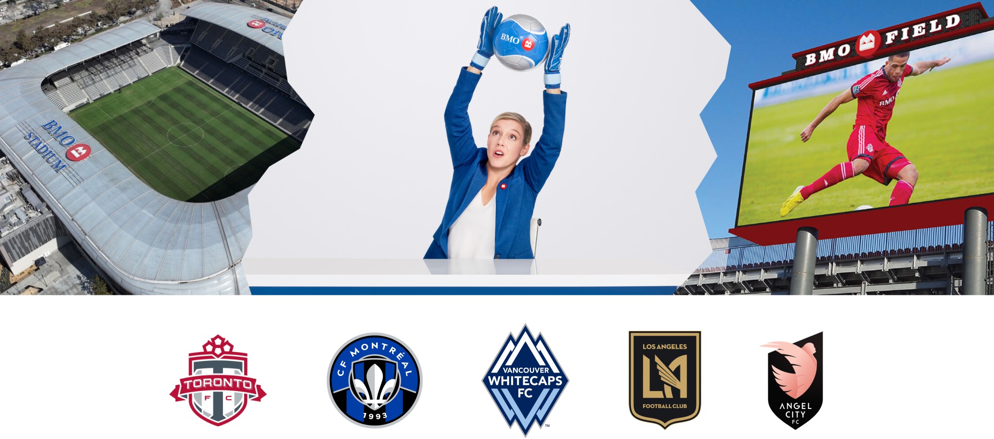 Logo Toronto F C,  Logo C F Montréal,  Logo Whitecaps de Vancouver,  Logo L A F C et  Logo Angel City F C