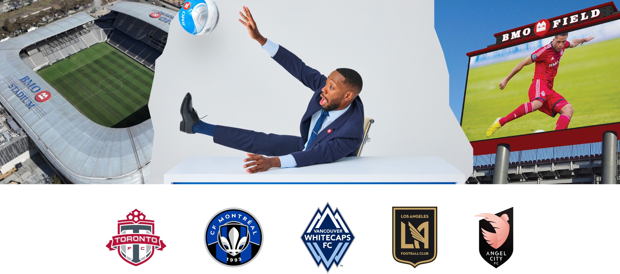 Toronto F C logo,  C F Montréal logo,  Vancouver Whitecaps logo,  L A F C logo and  Angel City F C logo