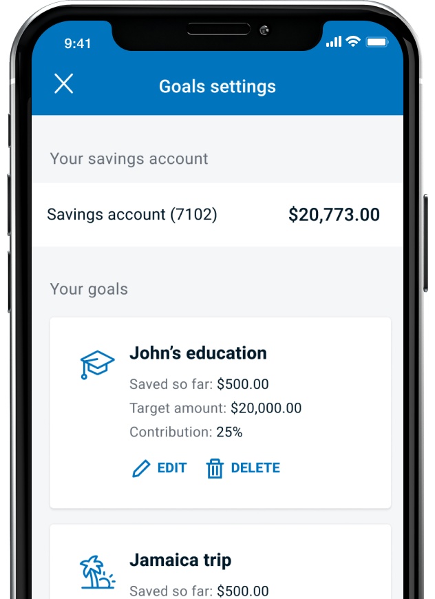 Screenshot of banking mobile app showing how to review and edit goals through the savings goals feature