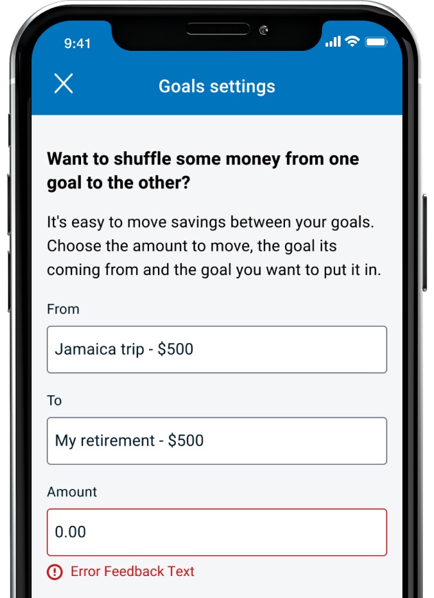 Screenshot of banking mobile app showing how to move savings between goals through the savings goals feature