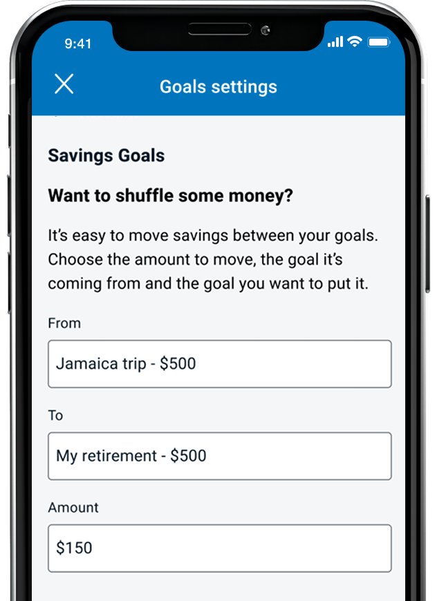 Screenshot of banking mobile app showing how to move savings between goals through the savings goals feature