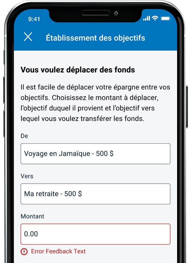 Saisie d’écran de l’appli Services mobiles B M O montrant comment déplacer l’épargne entre les objectifs grâce à la fonction d’objectifs d’épargne