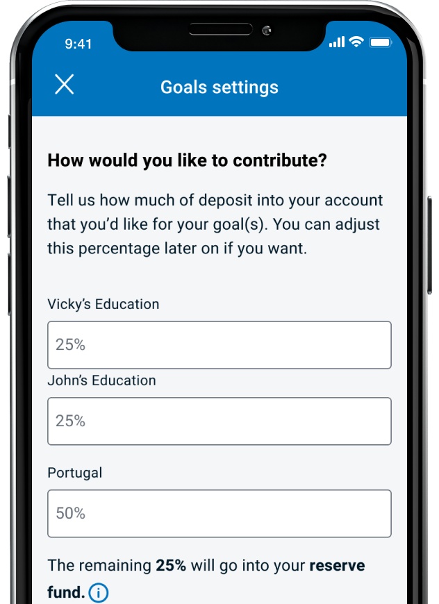 Screenshot of banking mobile app showing how to split your deposit between goals through the savings goals feature