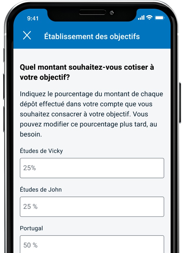 Saisie d’écran de l’appli Services mobiles B M O montrant comment répartir votre dépôt entre les objectifs grâce à la fonction d’objectifs d’épargne