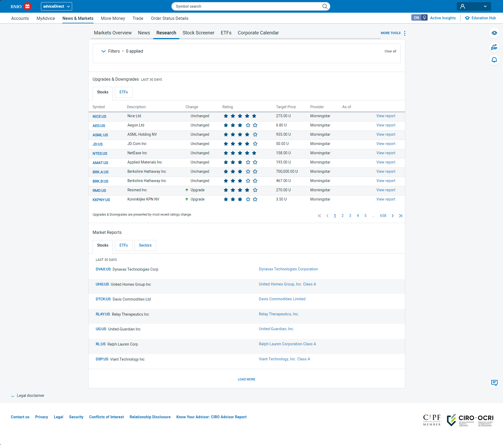 Screenshot of analyst ratings of BMO adviceDirect