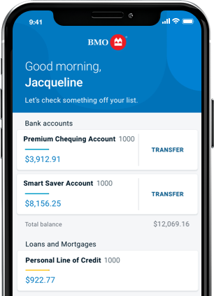 screen shot of B M O mobile banking app