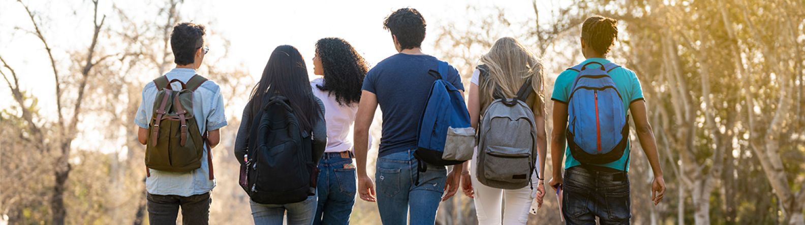 Six students with backpacks walking home from university