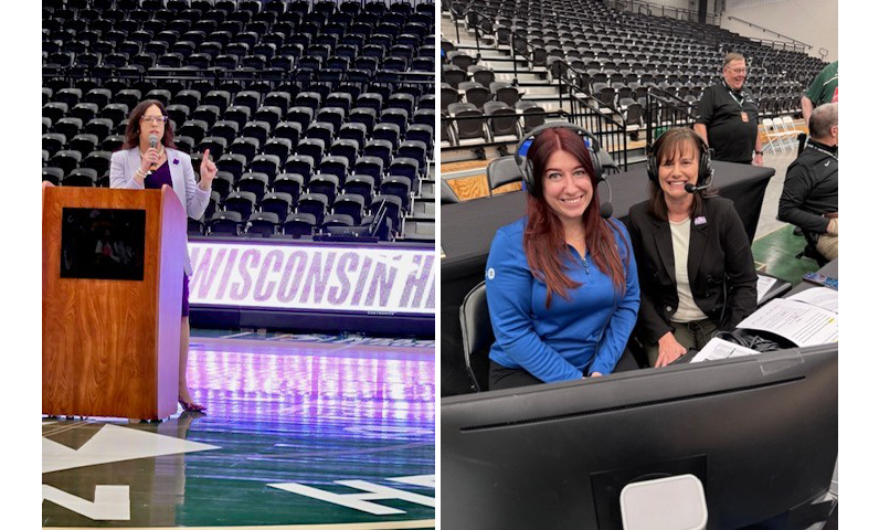 Left image: Tina DeGustino welcomed more than 400 attendees and introduced keynote speaker Kelly Jahner-Bryne. Right image: Tori Apkarian represented BMO in a television interview broadcast during halftime