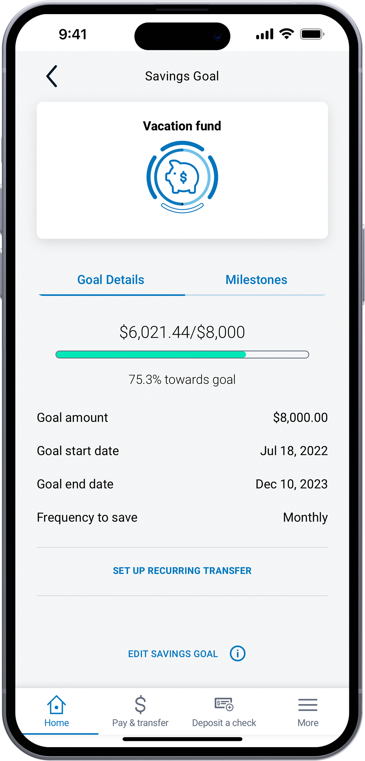 Screenshot of mobile banking app, displaying the Savings Goals feature